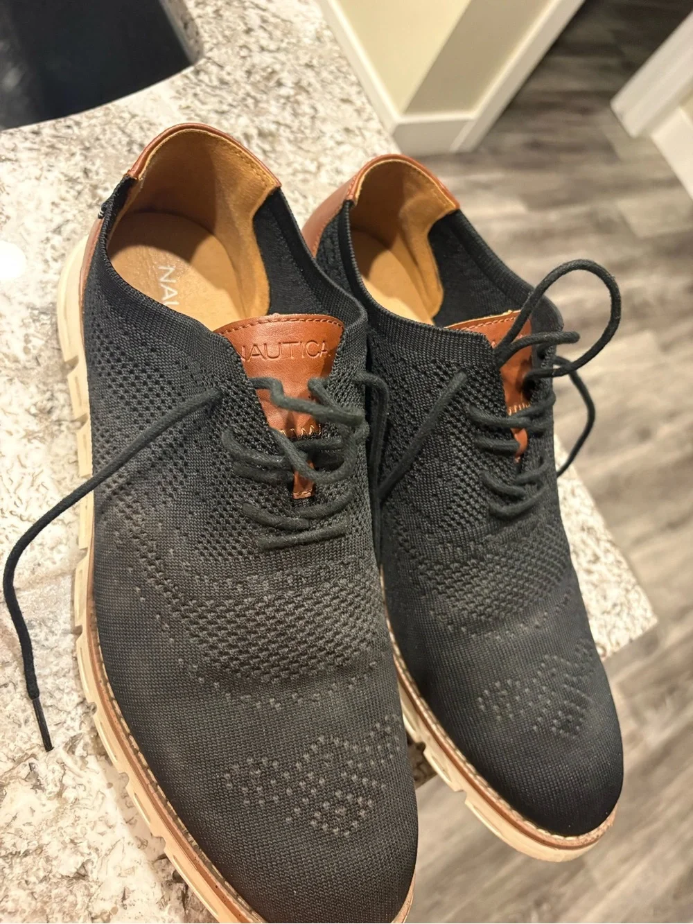 Nautica Black Knit Derby Oxfords with Brown Heel